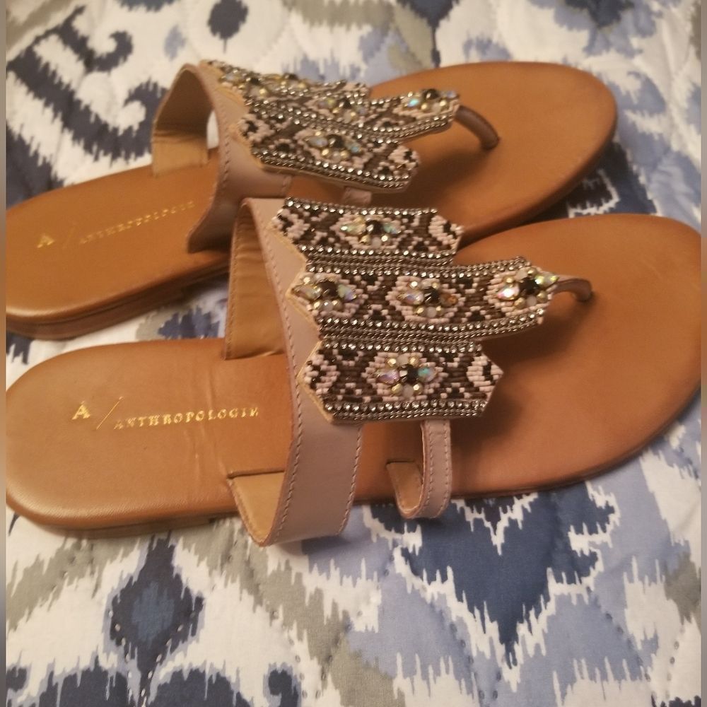 Anthropologie Blush Beaded Embellished Leather Thong Sandals Sz.38/US 7 - Picture 5 of 12